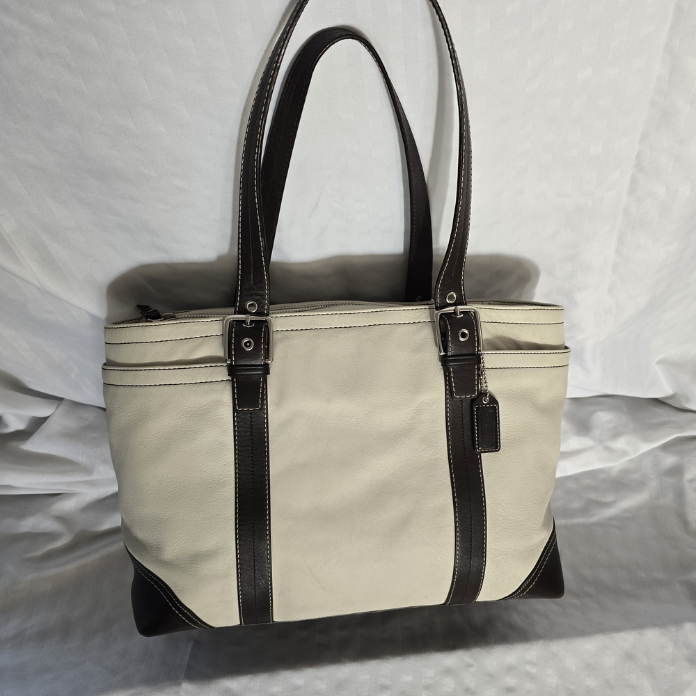 Cream and Dark Brown Leather Tote Bag